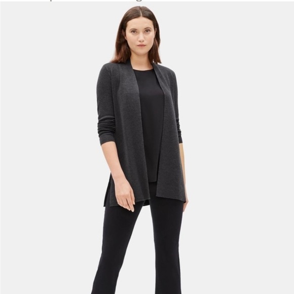 Eileen Fisher Dark Charcoal Gray 100% Merino Wool Cardigan Sweater - Picture 1 of 13
